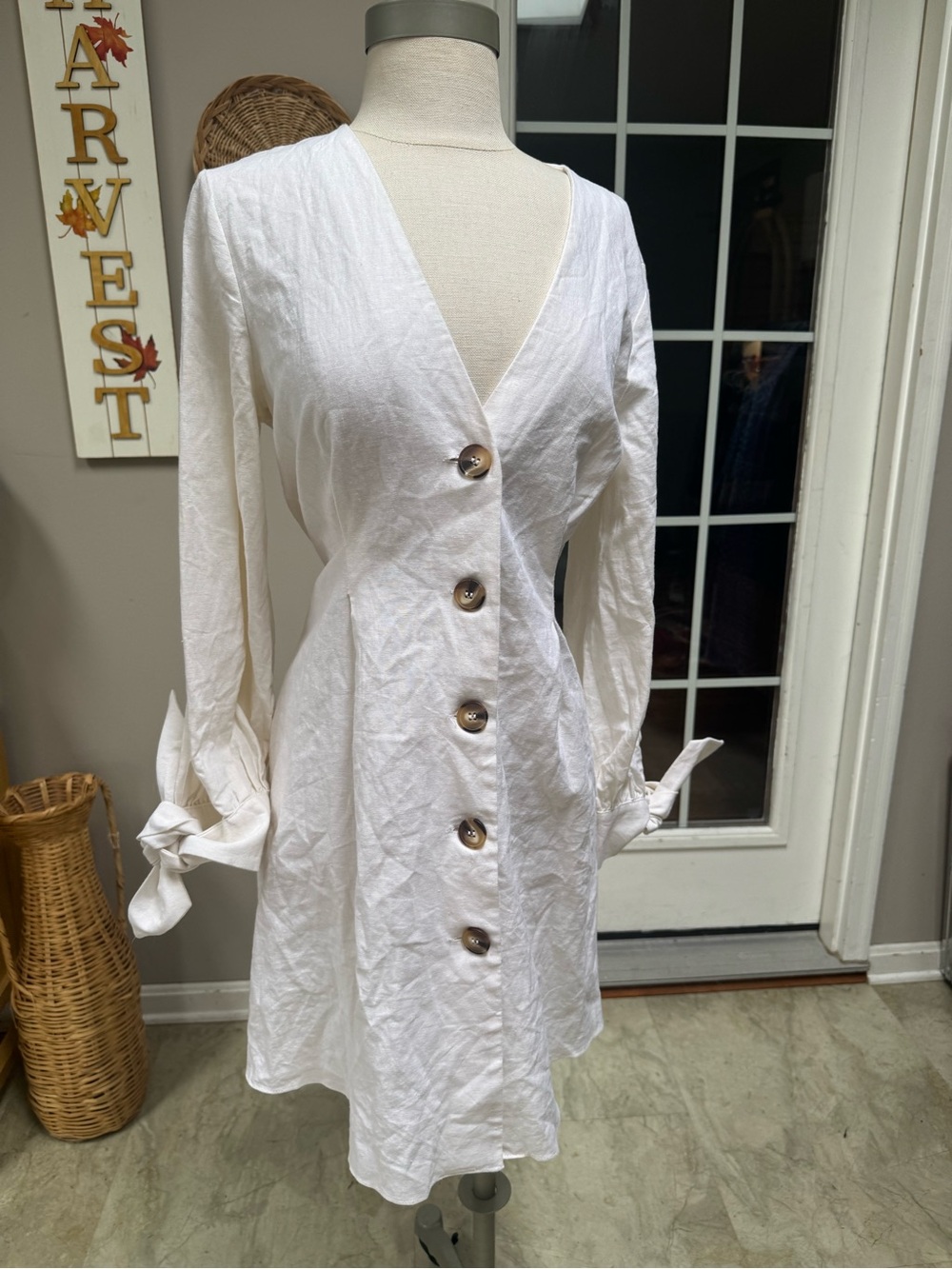 NWT ASOS Ivory Linen Blend Button Down Mini Dress Tie Cuff Sleeve Size 8